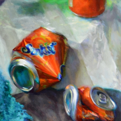 Painting of crushed orange soda cans