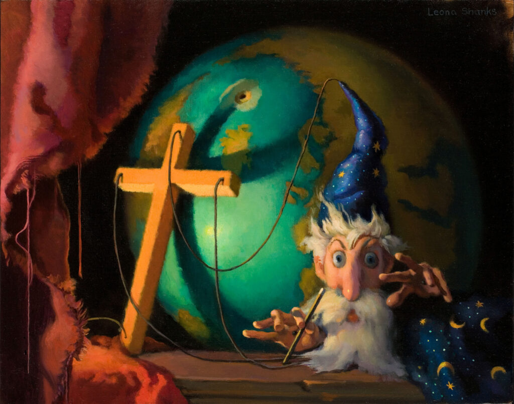Painting of a wizard puppet next to a globe