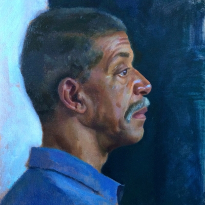 Painting of a man with a blue shirt and a mustache