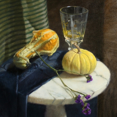 Still life painting of squashes and a glass cup