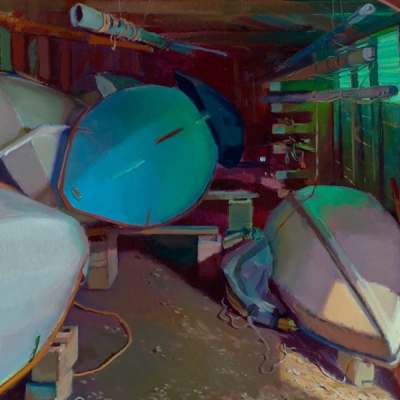 Painting of duckboats inside a shed