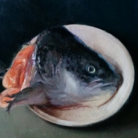 Painting of a fish head in a bowl