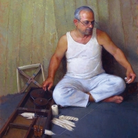 Painting of a man with glasses seated on the floor