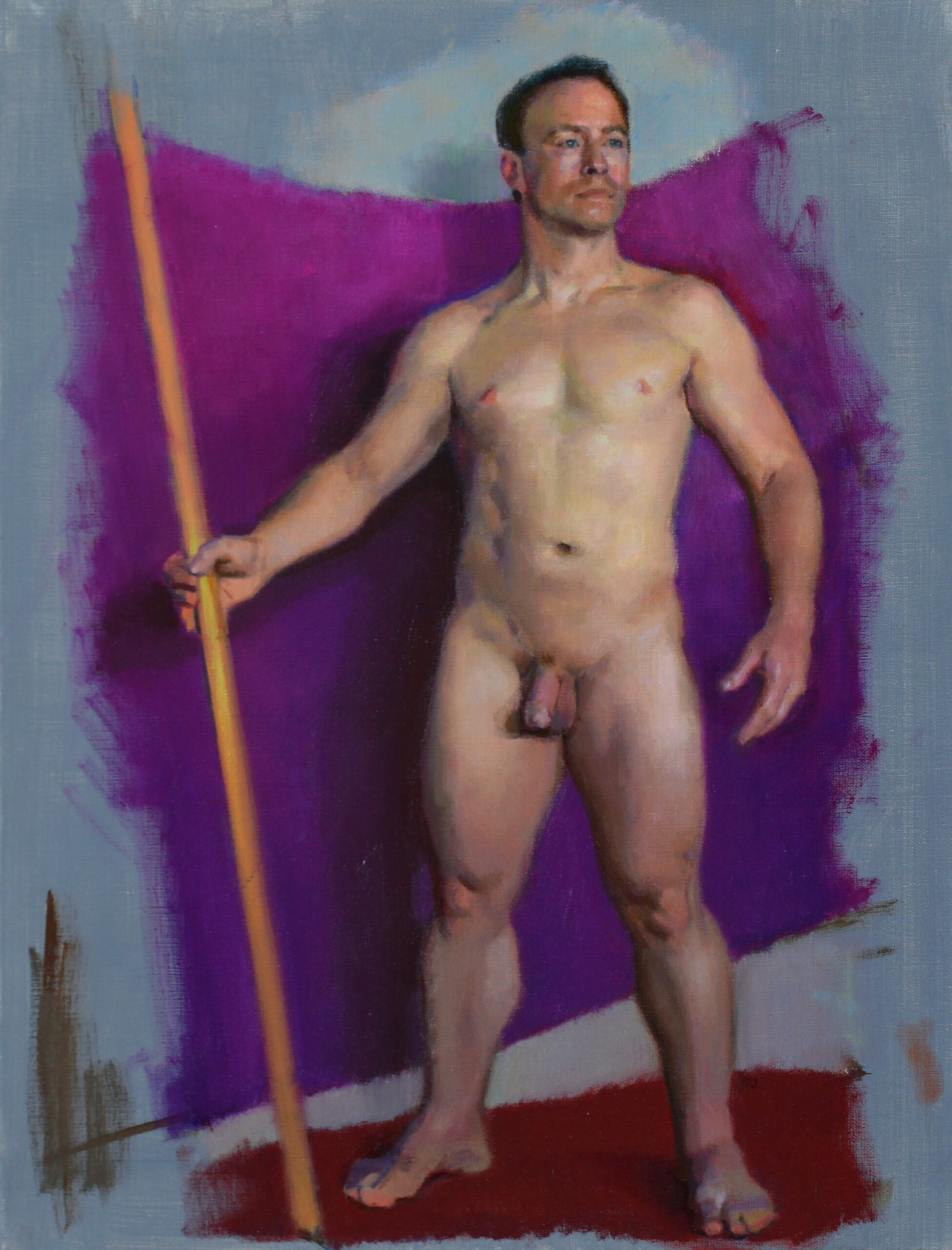 Painting of a nude man standing holding a staff