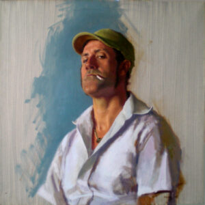 Painting of a man in a white shirt smoking a cigarrette