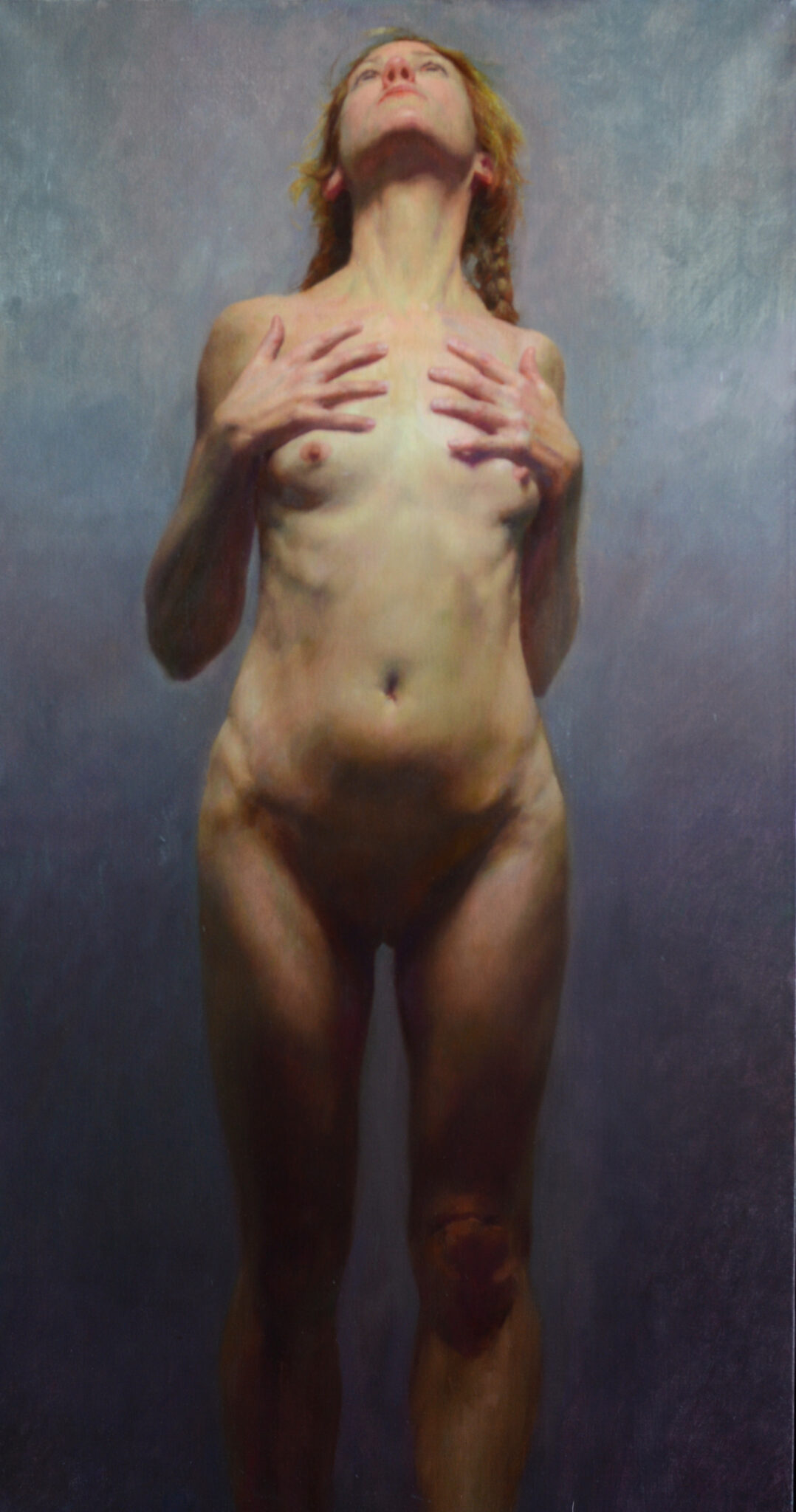 Painting of a nude women looking up holding her chest
