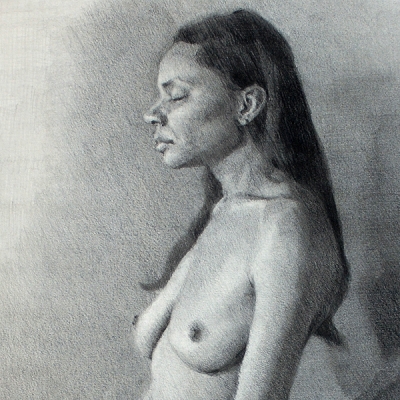 Drawing of a nude women with long hair seated with her eyes closed