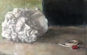 Painting of a sculpture head and a rolled up string