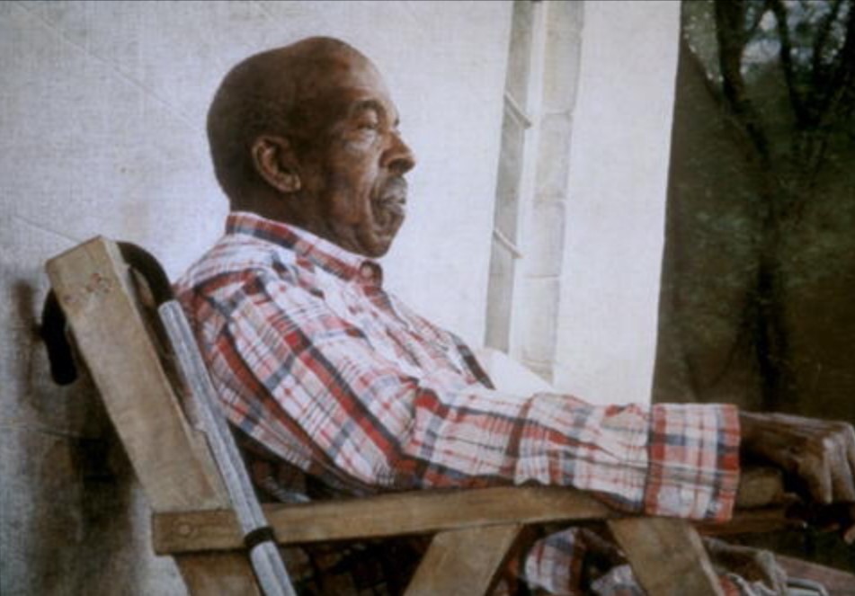 Painting of a man wearing a plaid shirt seated in a lawn chair