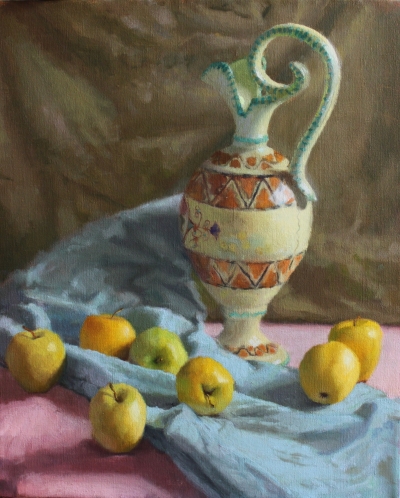 Painting of a pitcher next to apples