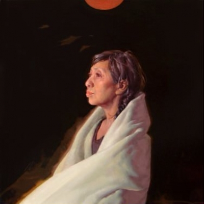 Painting of a women seated wrapping herself in a blanket