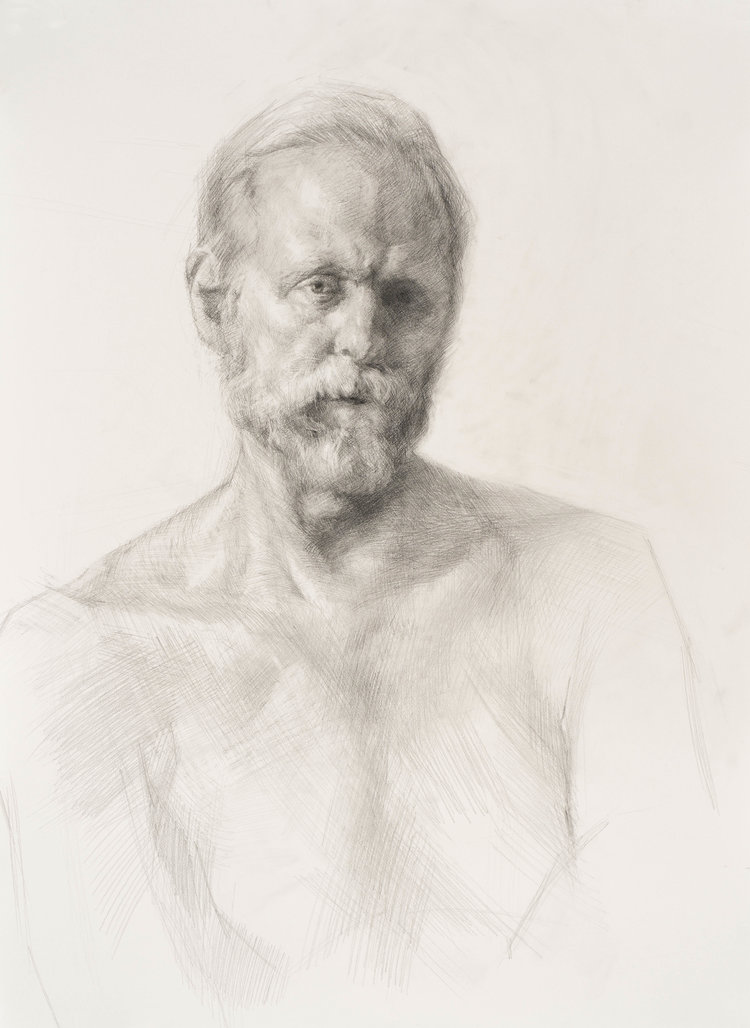 Graphite drawing of an older shirtless man with a beard