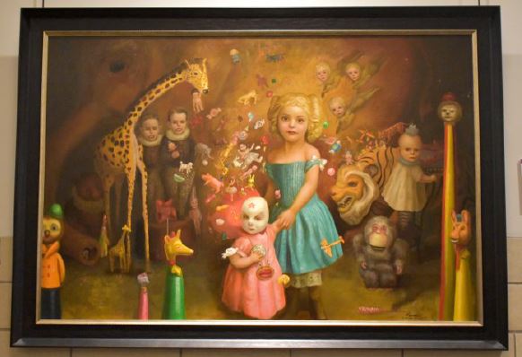 painting of a girl among dolls and toys