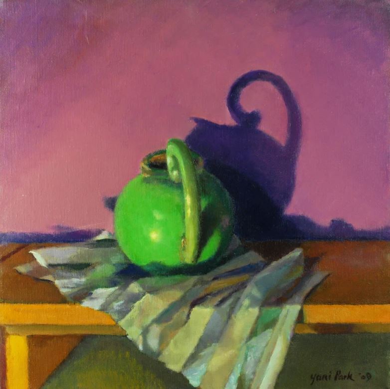 Painting of a green tea kettle