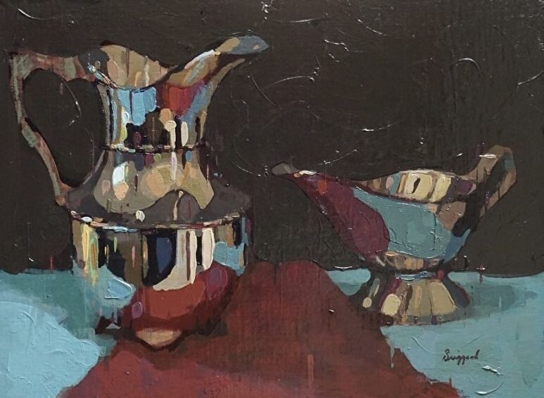 Painting of a metal pitcher and gravy container