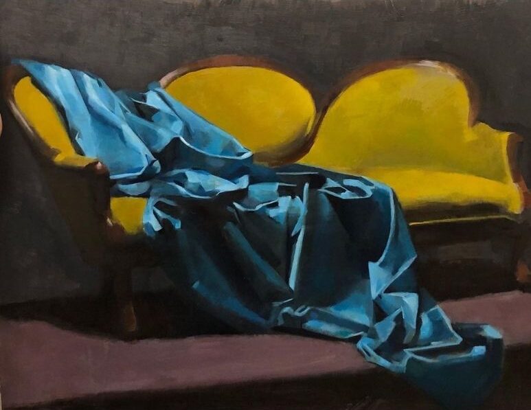 Painting of Blue fabric draped over a yellow couch