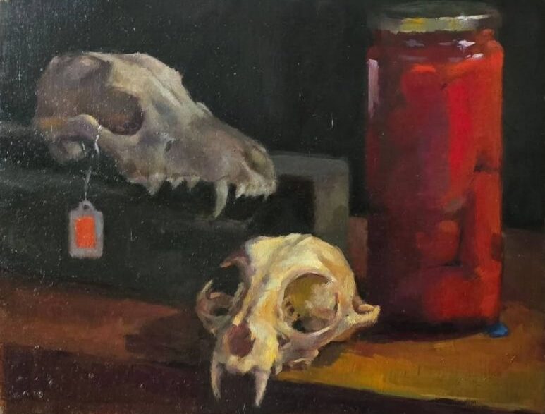 Painting of animal skulls and a red jar