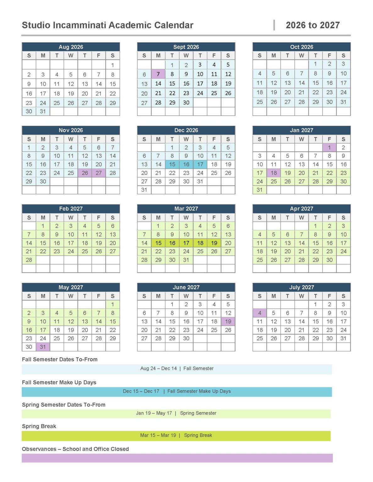Academic Calendar | Studio Incamminati