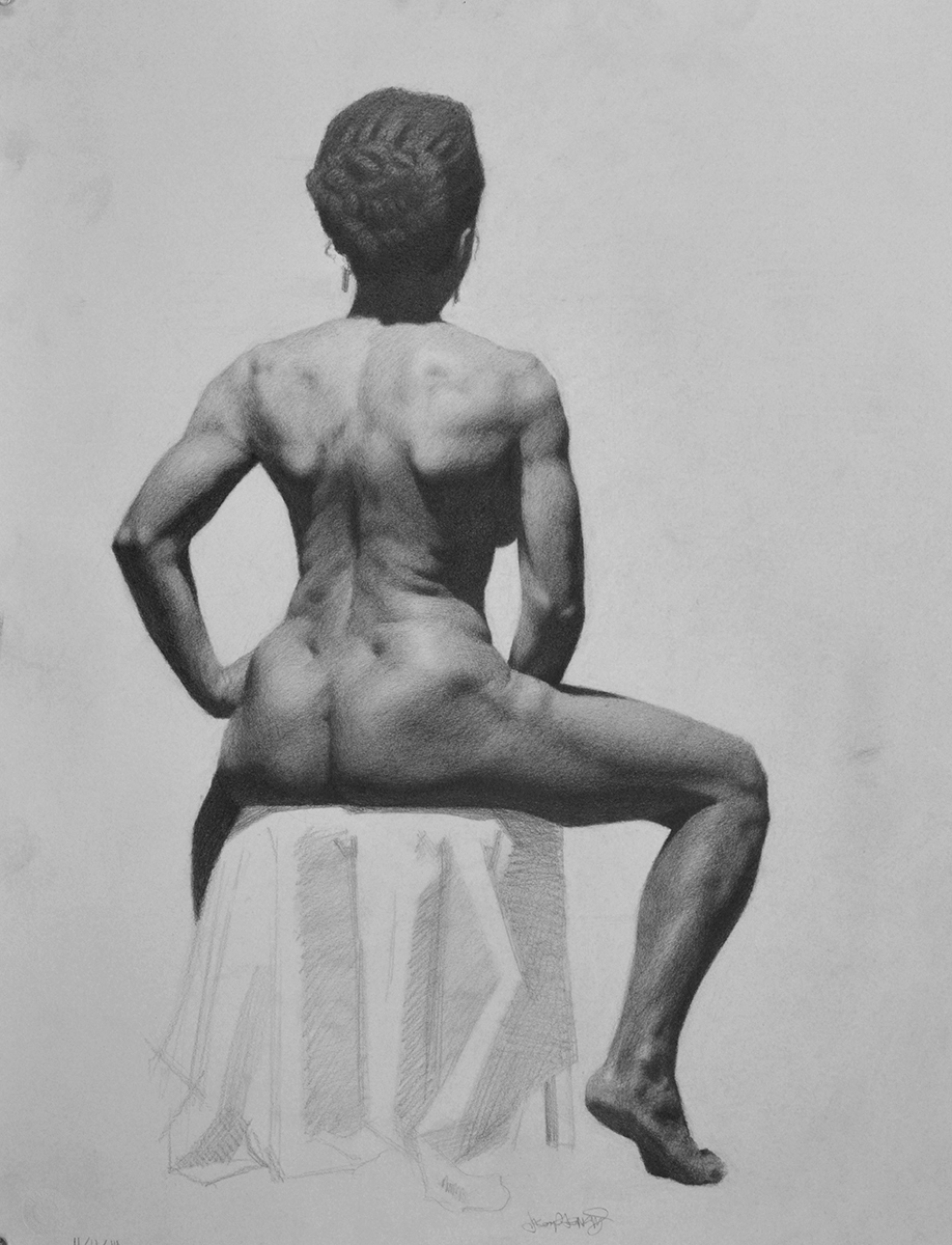 Graphite Drawing of a seated nude woman facing away with her arms braced on her thighs