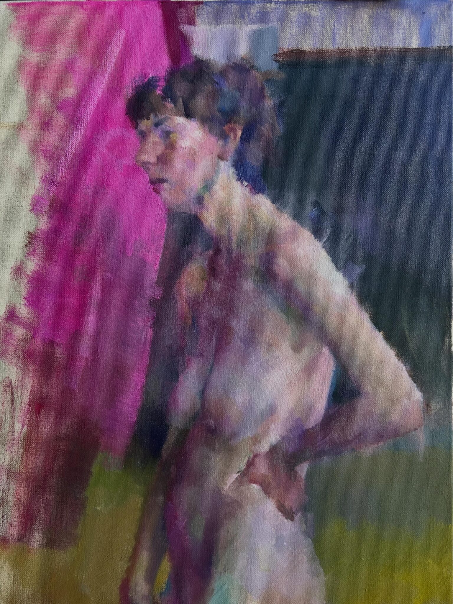 Painting of a nude woman, hands on hips against a pink background