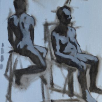 Grisaille painting of two seated nude people